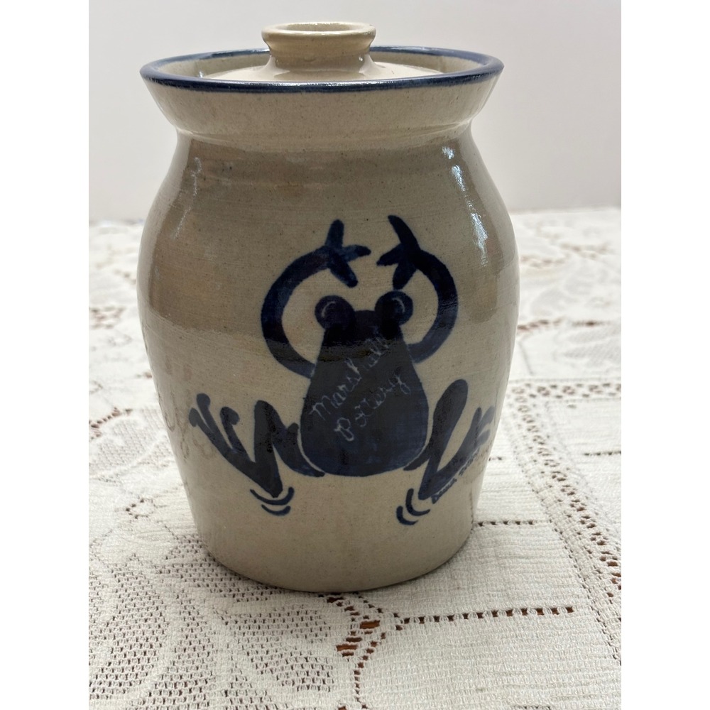 Marshall Pottery Eduardo Rivera Blue Frog Stoneware Crock Jar with Lid Texas